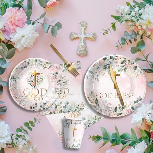 God Bless Baptism Tableware Set for Girl - 24pcs Communion Plates and Cups