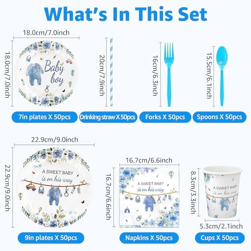 Baby Shower Plates Cups Napkins Set 50 Pack Blue Greenery