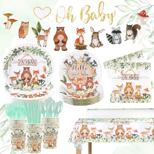 142PCS Woodland Baby Shower Tableware Set for 20 Guests