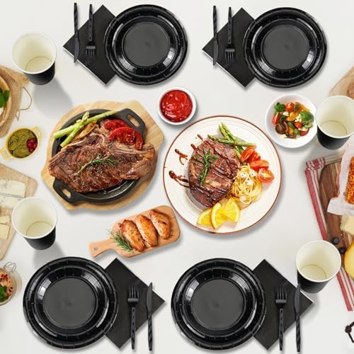 NASUN 192 Piece Solid Black Party Tableware Set