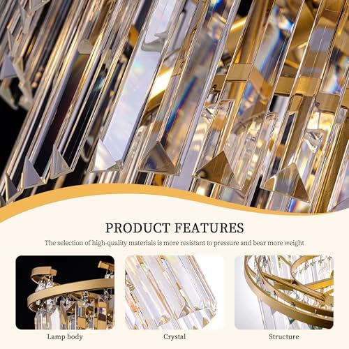 TOCHIC 5 Tier Gold Crystal Chandelier with 8 Lights