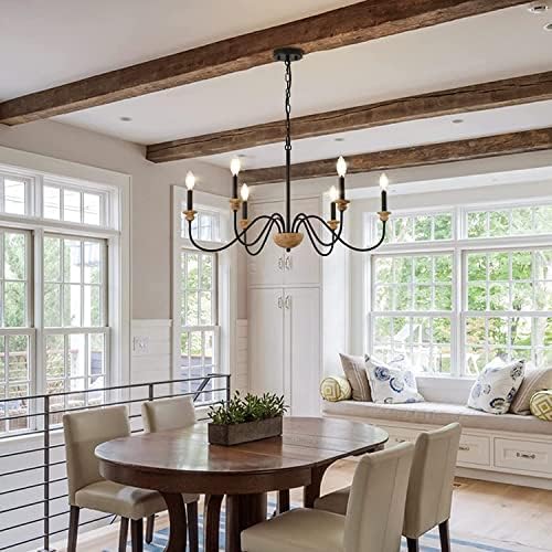 6 Light Wood Chandelier Dining Room Black Farmhouse Style