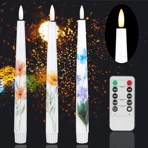AFINETH Spring Flameless Taper Candles with Flowers 3 Pack LED Candles with Remote