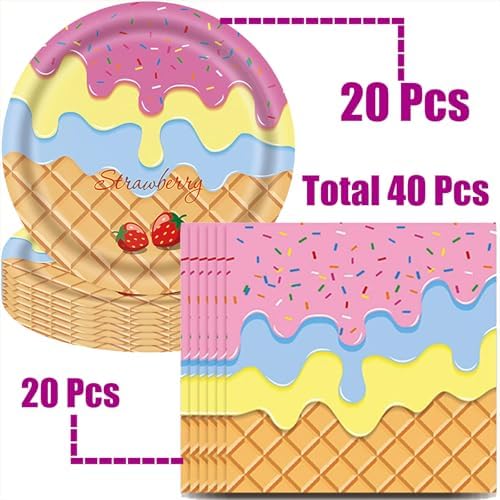 40Pcs Ice Cream Napkins and Plates Party Set