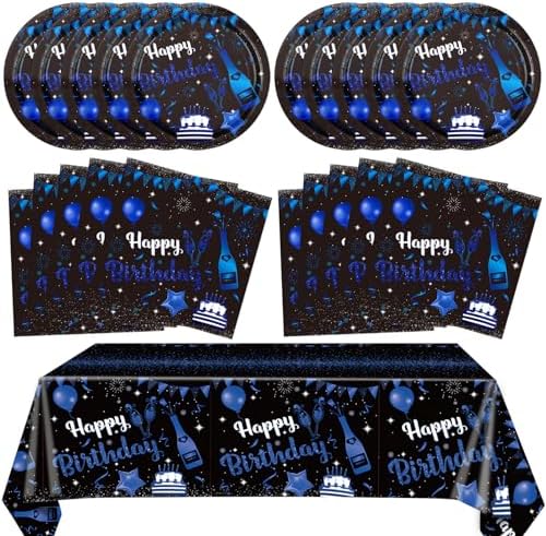 41PCS Navy Blue Black Birthday Decorations Set Plates Napkins Tablecloth