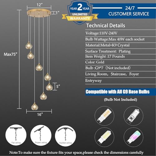 7-Light Gold Crystal Pendant Light for High Ceilings