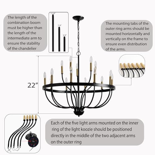 Modern Farmhouse Chandelier 12 Lights Black Gold Dining Room Ceiling Light