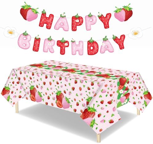 3 Pcs Strawberry Tablecloth Birthday Banner Party Supplies