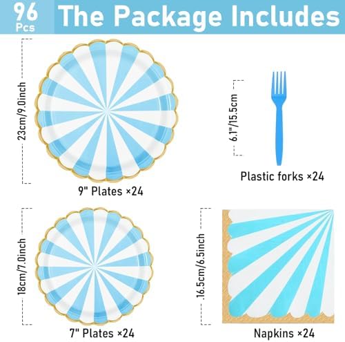 96PCS Blue Paper Plates and Napkins Set for 24 Guests