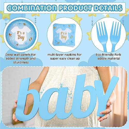 Tanlade 122 Pcs Boy Baby Shower Plates Napkins Forks Set