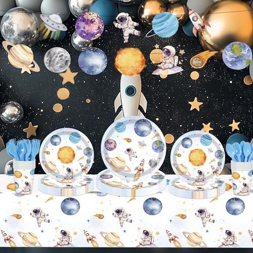 142PCS Space Themed Paper Plates Party Supplies Set for Birthday Celebrations