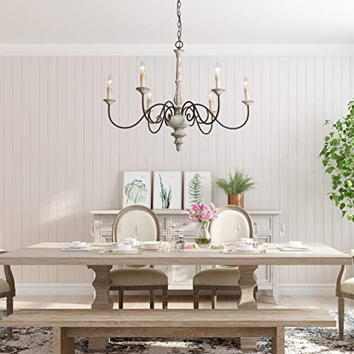 LALUZ Farmhouse Chandelier White Distressed Wood 37 L x 28 H