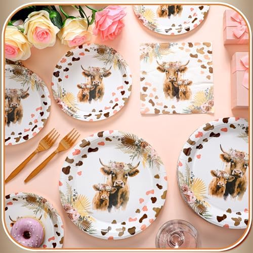 Sunnyray 96 Pcs Highland Cow Party Tableware Set