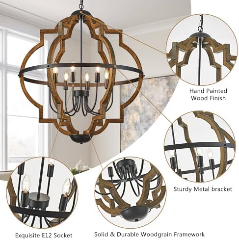 8-Light Farmhouse Wood Pendant Light with Adjustable Height