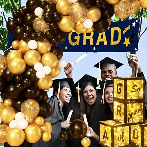 2025 Graduation Party Decorations 132Pcs Black Gold Balloons Garland Kit