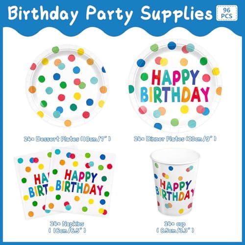 96pcs Happy Birthday Plates Napkins with Polka Dots