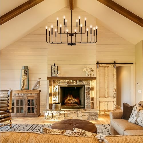 Black Industrial Metal Chandeliers 18-Lights 2-Tier Farmhouse Dining Room Light Fixture