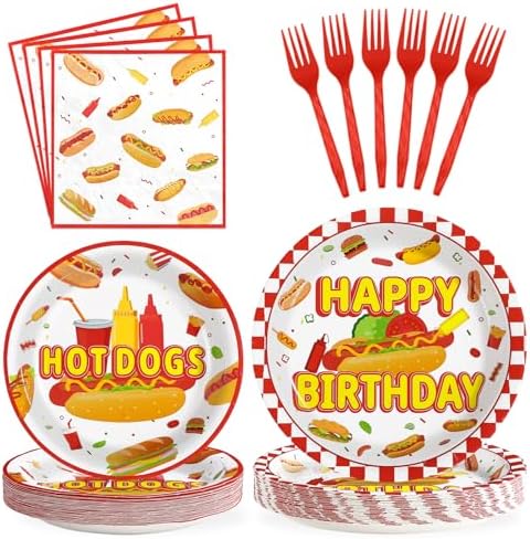 Grencian 96 PCS Hot Dogs Birthday Plates Napkins