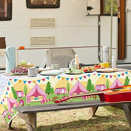 Pink Camping Plastic Tablecloths 3-Pack for Parties