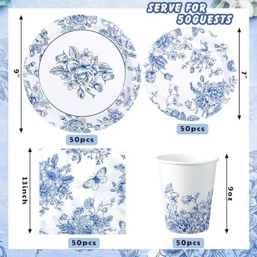 Nitial 200 Piece Blue and White Flower Disposable Tableware Set