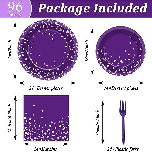 96 Pcs Purple Silver Dot Party Plates Napkins Set for 24 Guests