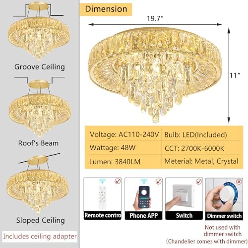 Modern Crystal Chandelier with Dimmable LED Light Remote Control Flush Mount Ceiling Light