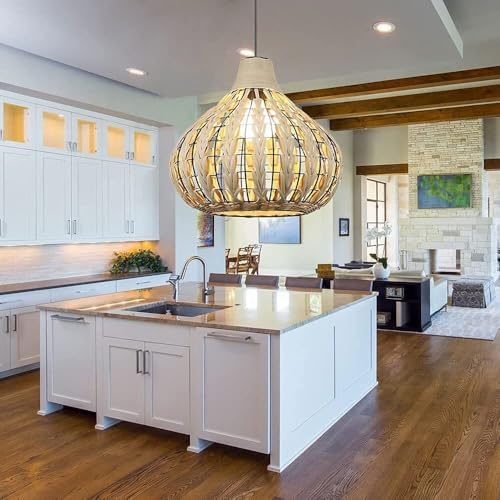 Hand-Woven Rattan Chandelier Pendant Light with Brown Beige Lamp Shade