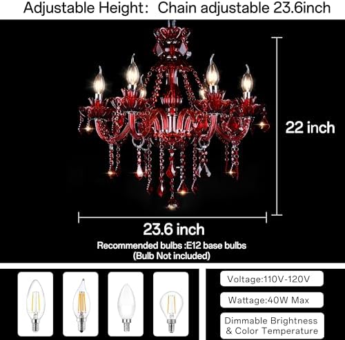 Red 6 Lights Crystal Chandelier with E12 Base