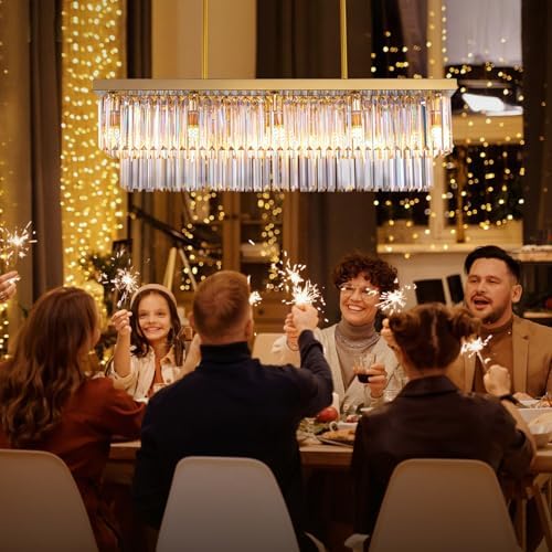Siljoy 10 Lights Gold Rectangular Chandelier 2 Tiers Crystal Flush Mount Ceiling Light