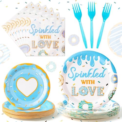 Blue Donut Themed Baby Shower Tableware Set 96Pcs