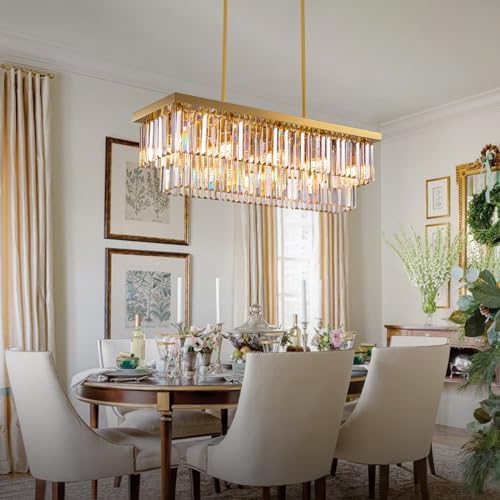Siljoy 10 Lights Gold Rectangular Chandelier 2 Tiers Crystal Flush Mount Ceiling Light