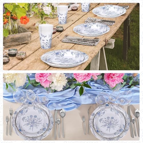 Kochorie 96 Piece Blue and White Floral Disposable Party Plates