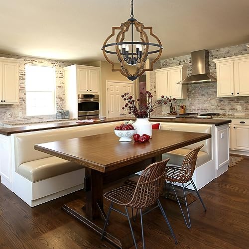 6-Light Farmhouse Wood Pendant Light with Adjustable Height
