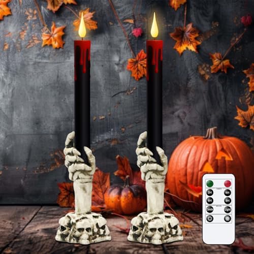 GenSwin Halloween Black Flameless Candles with Remote Timer and Ghost Hand Candlesticks
