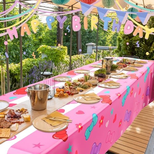 Oudain 2 Pcs Pink Kitten Tablecloths for Birthday Party