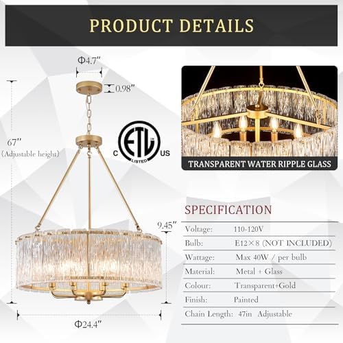 Gold Drum Chandelier 244 8-Light Crystal Ceiling Light