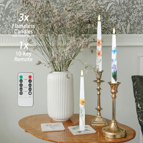 AFINETH Spring Flameless Taper Candles with Flowers 3 Pack LED Candles with Remote