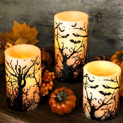 Halloween Flameless Candles Set of 3 Black Bat Decal LED Pillar Candles