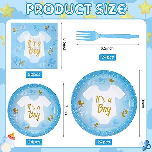Tanlade 122 Pcs Boy Baby Shower Plates Napkins Forks Set