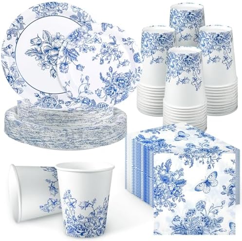 Nitial 200 Piece Blue and White Flower Disposable Tableware Set