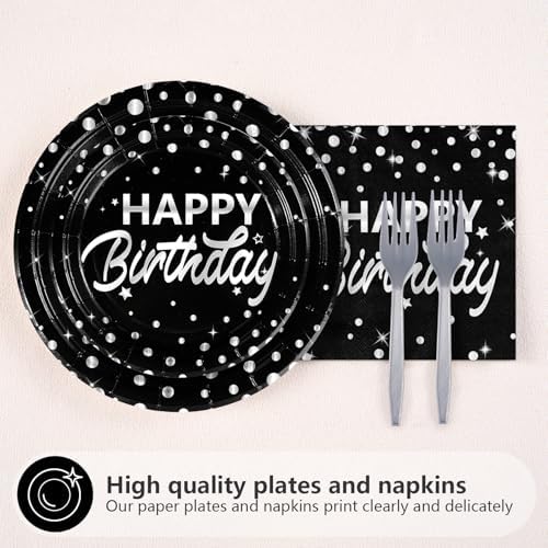 Grencian 96Pcs Black and Silver Birthday Plates Napkins Forks Set