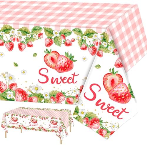 PHOGARY 2 Pack Strawberry Tablecloth Birthday Party Decorations