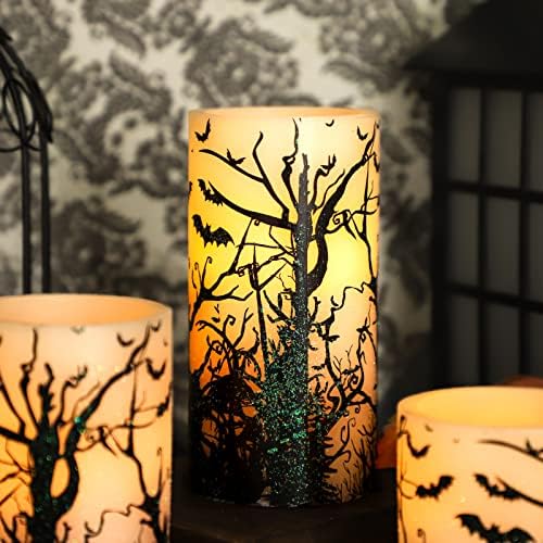 Halloween Flameless Candles Set of 3 Black Bat Decal LED Pillar Candles