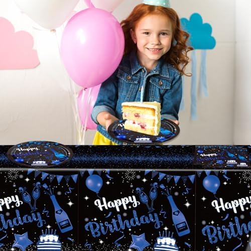 41PCS Navy Blue Black Birthday Decorations Set Plates Napkins Tablecloth