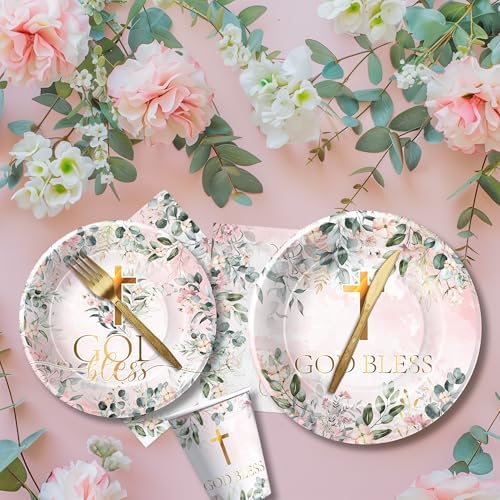 God Bless Baptism Tableware Set for Girl - 24pcs Communion Plates and Cups
