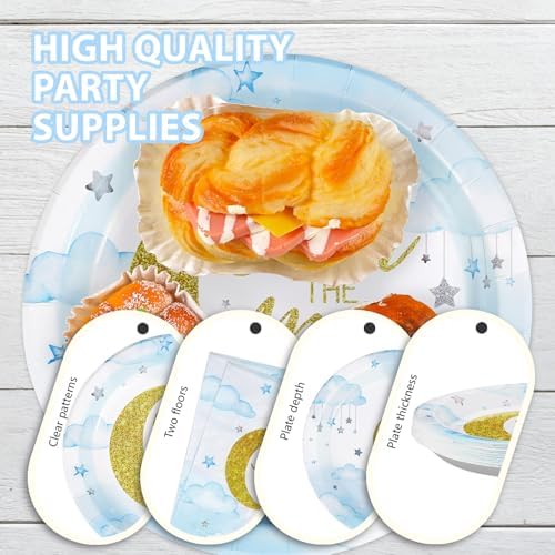 Grencian 96 Pcs Pastel Blue Moon Baby Shower Plates Set