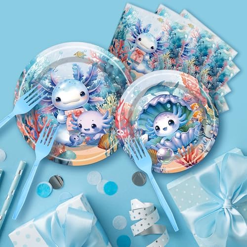 Blue Axolotl Themed Party Plates Set of 96 for 24 Guests