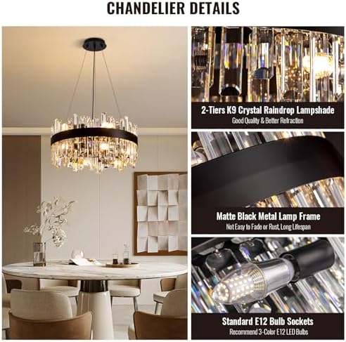 Siljoy Modern Black Crystal Chandelier with 12 Lights