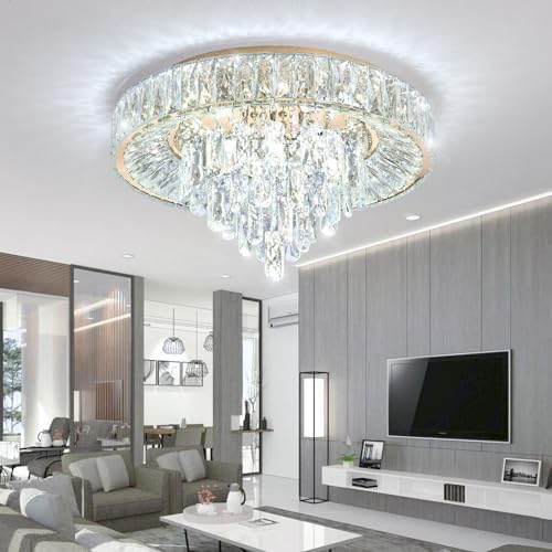 Modern Crystal Chandelier with Dimmable LED Light Remote Control Flush Mount Ceiling Light
