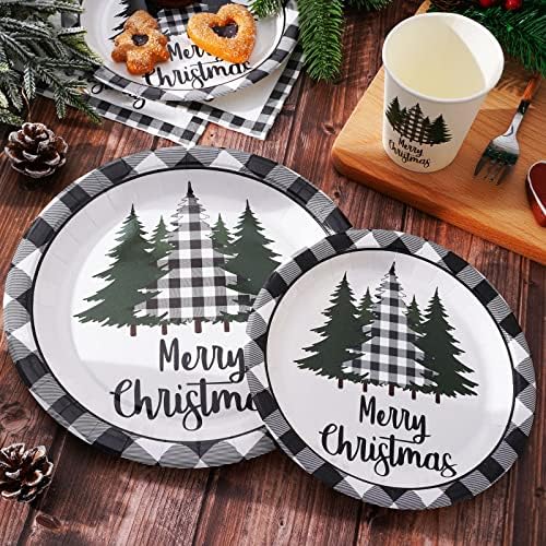 Whaline 100Pcs Christmas Tableware Set Plaid Tree Party Decor